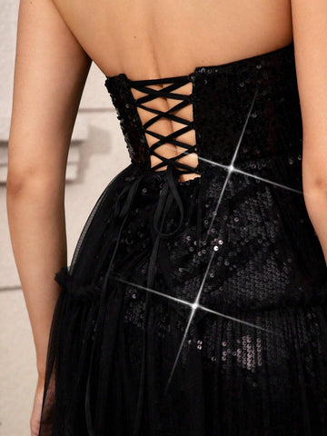 Elegant And Gorgeous Romantic Black Strapless Sequin Fabric Patchwork Mesh Dress Heavy Industry Evening Dress