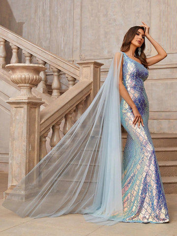 Elegant And Gorgeous Romantic One Shoulder Waist Cutout With Beaded Details, Draped Sleeves, Slit And Fishtail Hem For Wedding Holiday Dinner Ramadan Party Dress Heavy Industry Evening Dress