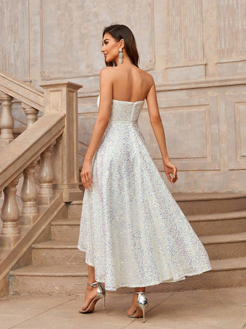 Elegant And Gorgeous Romantic White Strapless Strapless Bow Satin Design High And Low A-Line Evening Dress With Full Hem, Suitable For Wedding Holiday Holiday Party Ramadan Cocktail Party Evening Dress