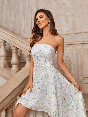 Elegant And Gorgeous Romantic White Strapless Strapless Bow Satin Design High And Low A-Line Evening Dress With Full Hem, Suitable For Wedding Holiday Holiday Party Ramadan Cocktail Party Evening Dress
