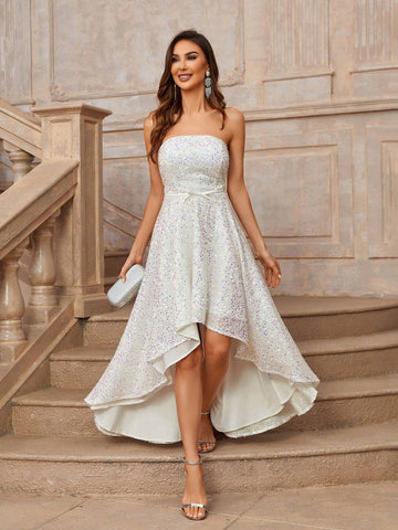 Elegant And Gorgeous Romantic White Strapless Strapless Bow Satin Design High And Low A-Line Evening Dress With Full Hem, Suitable For Wedding Holiday Holiday Party Ramadan Cocktail Party Evening Dress