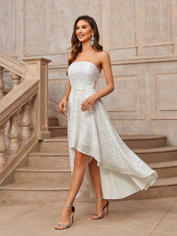 Elegant And Gorgeous Romantic White Strapless Strapless Bow Satin Design High And Low A-Line Evening Dress With Full Hem, Suitable For Wedding Holiday Holiday Party Ramadan Cocktail Party Evening Dress