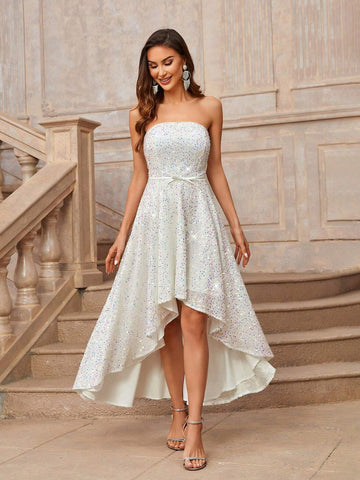 Elegant And Gorgeous Romantic White Strapless Strapless Bow Satin Design High And Low A-Line Evening Dress With Full Hem, Suitable For Wedding Holiday Holiday Party Ramadan Cocktail Party Evening Dress