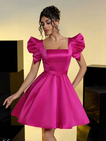 Elegant And Gorgeous Rose Red Square Neck Puff Sleeves Pleated Puff Skirt Suitable For Evening Bachelor Party Birthday Date Back To School Prom Dress