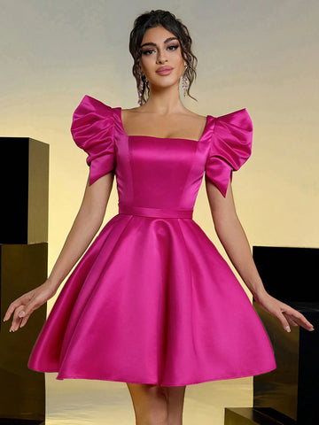 Elegant And Gorgeous Rose Red Square Neck Puff Sleeves Pleated Puff Skirt Suitable For Evening Bachelor Party Birthday Date Back To School Prom Dress