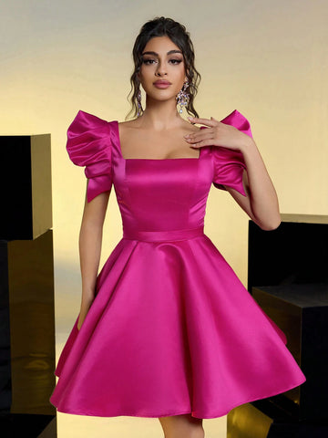 Elegant And Gorgeous Rose Red Square Neck Puff Sleeves Pleated Puff Skirt Suitable For Evening Bachelor Party Birthday Date Back To School Prom Dress