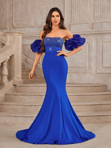 Elegant And Gorgeous Sapphire Blue Women's Rhinestone Puff Sleeve Tube Top Tight Fishtail Suitable For Vacation Wedding Party Graduation Season Extra Long Floor-Length Prom Dinner Evening Dress (Heavy Duty)