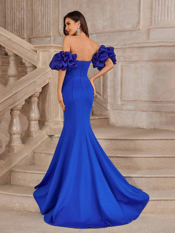 Elegant And Gorgeous Sapphire Blue Women's Rhinestone Puff Sleeve Tube Top Tight Fishtail Suitable For Vacation Wedding Party Graduation Season Extra Long Floor-Length Prom Dinner Evening Dress (Heavy Duty)