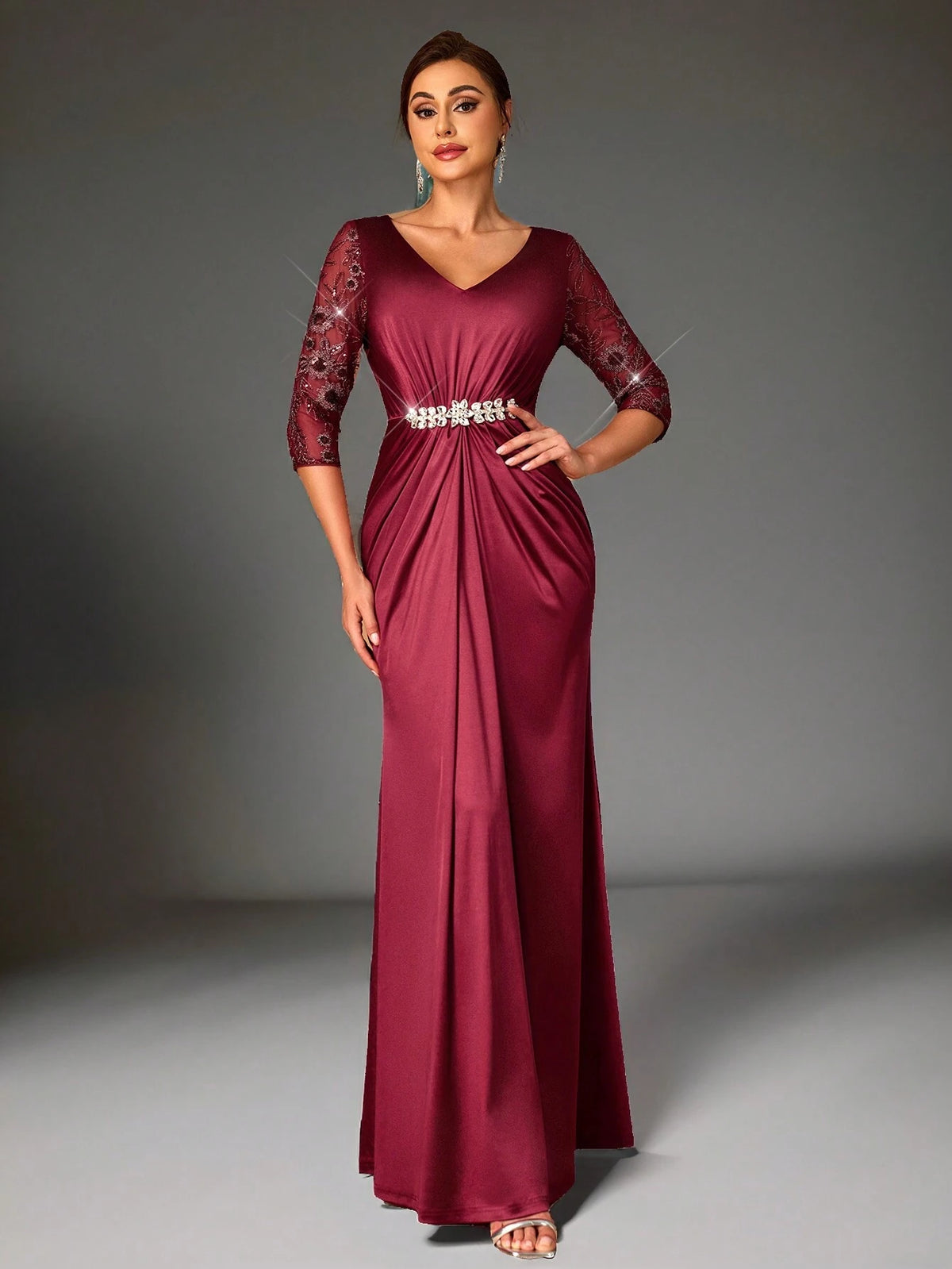 Elegant And Gorgeous Sequined Mesh Embroidery Patchwork Decorative Waistband Gathered Wrap-Around Hem Suitable For Mothers To Attend Wedding Events Dinner Dance Occasions Formal Mother Of The Bride Dress Evening Dress