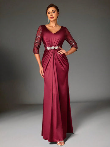 Elegant And Gorgeous Sequined Mesh Embroidery Patchwork Decorative Waistband Gathered Wrap-Around Hem Suitable For Mothers To Attend Wedding Events Dinner Dance Occasions Formal Mother Of The Bride Dress Evening Dress