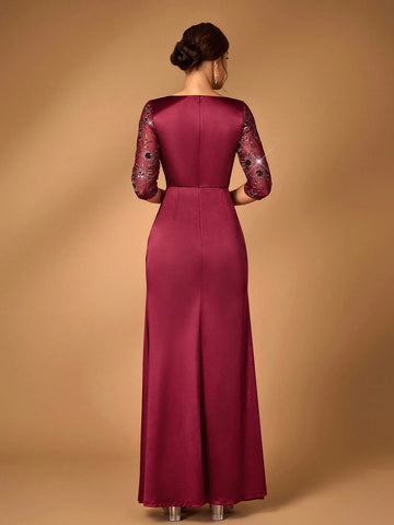 Elegant And Gorgeous Sequined Mesh Embroidery Patchwork Decorative Waistband Gathered Wrap-Around Hem Suitable For Mothers To Attend Wedding Events Dinner Dance Occasions Formal Mother Of The Bride Dress Evening Dress