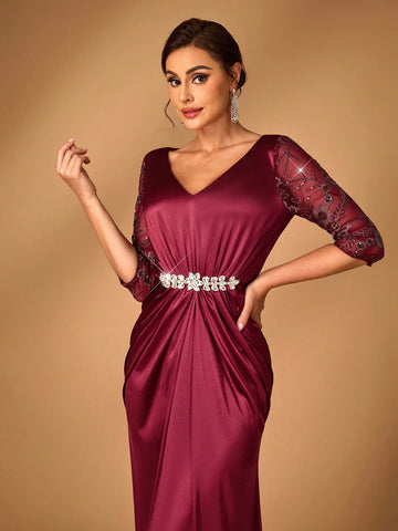 Elegant And Gorgeous Sequined Mesh Embroidery Patchwork Decorative Waistband Gathered Wrap-Around Hem Suitable For Mothers To Attend Wedding Events Dinner Dance Occasions Formal Mother Of The Bride Dress Evening Dress