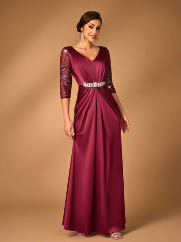 Elegant And Gorgeous Sequined Mesh Embroidery Patchwork Decorative Waistband Gathered Wrap-Around Hem Suitable For Mothers To Attend Wedding Events Dinner Dance Occasions Formal Mother Of The Bride Dress Evening Dress