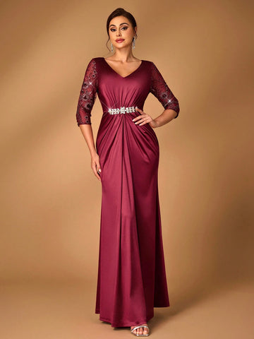 Elegant And Gorgeous Sequined Mesh Embroidery Patchwork Decorative Waistband Gathered Wrap-Around Hem Suitable For Mothers To Attend Wedding Events Dinner Dance Occasions Formal Mother Of The Bride Dress Evening Dress