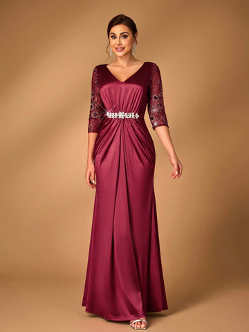 Elegant And Gorgeous Sequined Mesh Embroidery Patchwork Decorative Waistband Gathered Wrap-Around Hem Suitable For Mothers To Attend Wedding Events Dinner Dance Occasions Formal Mother Of The Bride Dress Evening Dress