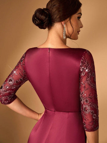 Elegant And Gorgeous Sequined Mesh Embroidery Patchwork Decorative Waistband Gathered Wrap-Around Hem Suitable For Mothers To Attend Wedding Events Dinner Dance Occasions Formal Mother Of The Bride Dress Evening Dress