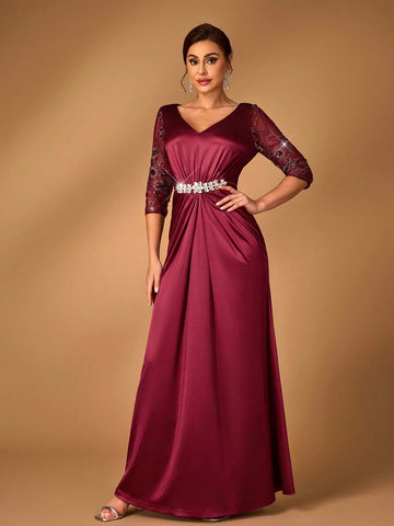 Elegant And Gorgeous Sequined Mesh Embroidery Patchwork Decorative Waistband Gathered Wrap-Around Hem Suitable For Mothers To Attend Wedding Events Dinner Dance Occasions Formal Mother Of The Bride Dress Evening Dress