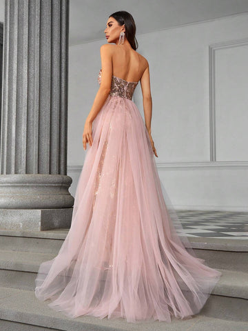 Elegant And Gorgeous Sexy Sequin Mesh Ruched A-Line Dress, Draped Train, Perfect As A Heavy Formal Evening Party Dress