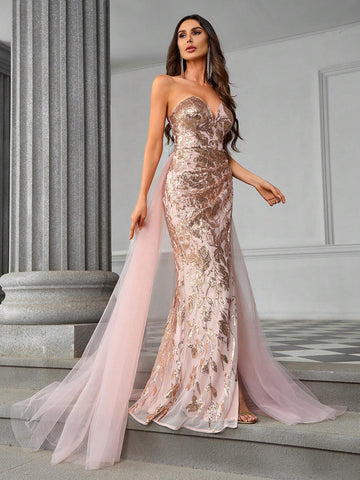 Elegant And Gorgeous Sexy Sequin Mesh Ruched A-Line Dress, Draped Train, Perfect As A Heavy Formal Evening Party Dress