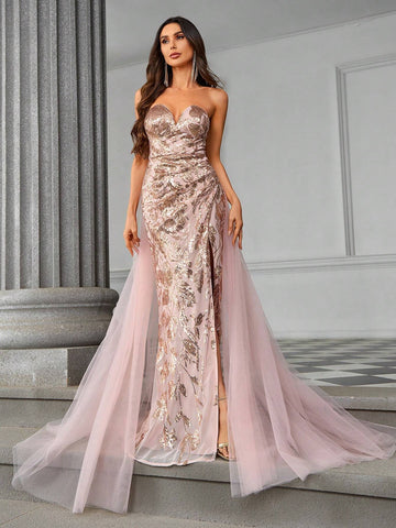 Elegant And Gorgeous Sexy Sequin Mesh Ruched A-Line Dress, Draped Train, Perfect As A Heavy Formal Evening Party Dress