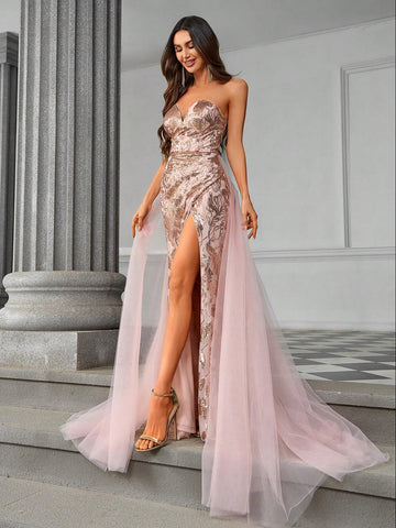 Elegant And Gorgeous Sexy Sequin Mesh Ruched A-Line Dress, Draped Train, Perfect As A Heavy Formal Evening Party Dress