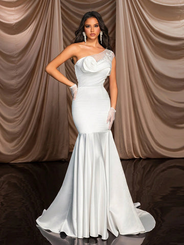 Elegant And Gorgeous White Luxury Bead Embroidered Lace Flower One Shoulder Plus Small Cap Sleeves Neckline Flower Beads And 3D Lace Design Fishtail Skirt Floor Length Suitable For Wedding Events Bachelorette Party Holiday Prom Informal Wedding Dress