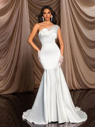 Elegant And Gorgeous White Luxury Bead Embroidered Lace Flower One Shoulder Plus Small Cap Sleeves Neckline Flower Beads And 3D Lace Design Fishtail Skirt Floor Length Suitable For Wedding Events Bachelorette Party Holiday Prom Informal Wedding Dress