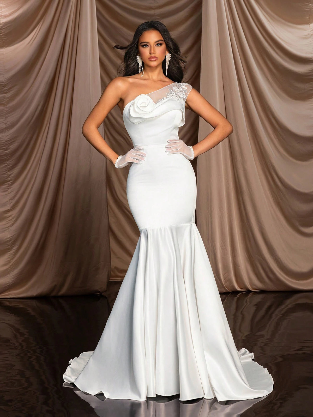 Elegant And Gorgeous White Luxury Bead Embroidered Lace Flower One Shoulder Plus Small Cap Sleeves Neckline Flower Beads And 3D Lace Design Fishtail Skirt Floor Length Suitable For Wedding Events Bachelorette Party Holiday Prom Informal Wedding Dress