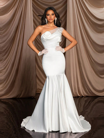 Elegant And Gorgeous White Luxury Bead Embroidered Lace Flower One Shoulder Plus Small Cap Sleeves Neckline Flower Beads And 3D Lace Design Fishtail Skirt Floor Length Suitable For Wedding Events Bachelorette Party Holiday Prom Informal Wedding Dress