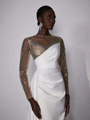 Elegant And Gorgeous White Luxury Handmade Hot Diamond Round Neck Long Sleeves Ribbon Pleats Oversized Skirt Wedding Festival Wedding Dress