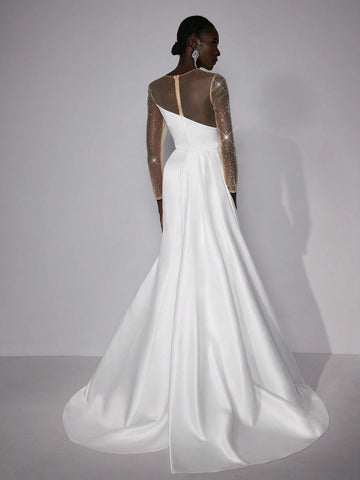 Elegant And Gorgeous White Luxury Handmade Hot Diamond Round Neck Long Sleeves Ribbon Pleats Oversized Skirt Wedding Festival Wedding Dress