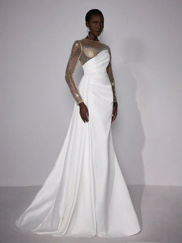 Elegant And Gorgeous White Luxury Handmade Hot Diamond Round Neck Long Sleeves Ribbon Pleats Oversized Skirt Wedding Festival Wedding Dress