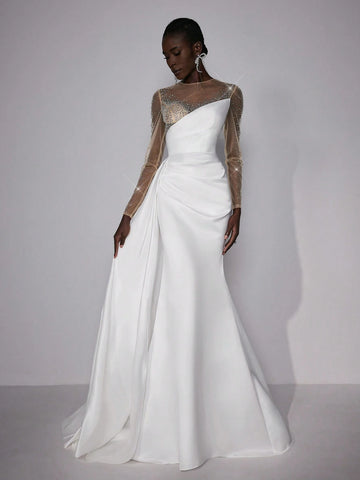 Elegant And Gorgeous White Luxury Handmade Hot Diamond Round Neck Long Sleeves Ribbon Pleats Oversized Skirt Wedding Festival Wedding Dress