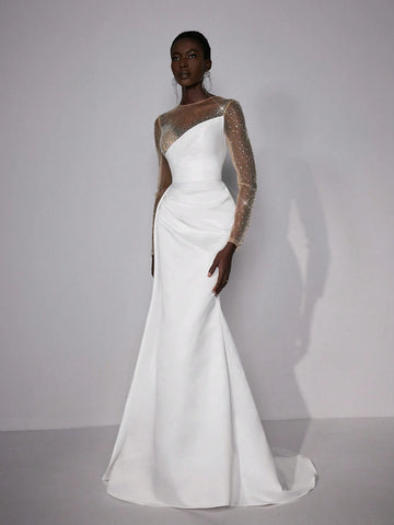 Elegant And Gorgeous White Luxury Handmade Hot Diamond Round Neck Long Sleeves Ribbon Pleats Oversized Skirt Wedding Festival Wedding Dress