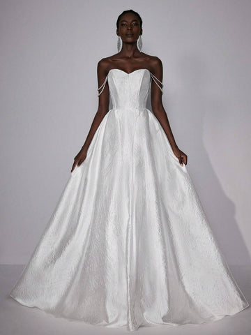 Elegant And Gorgeous White Luxury Jacquard Handmade Pearl Necklace Big Bow High Waist Oversized Skirt Wedding Festival Wedding Dress