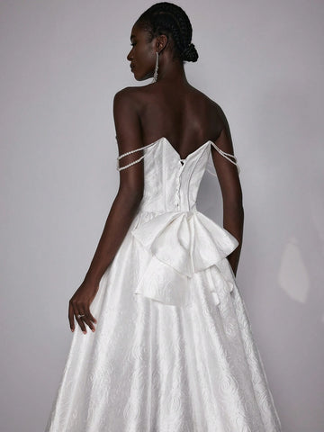 Elegant And Gorgeous White Luxury Jacquard Handmade Pearl Necklace Big Bow High Waist Oversized Skirt Wedding Festival Wedding Dress