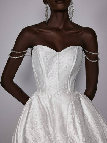 Elegant And Gorgeous White Luxury Jacquard Handmade Pearl Necklace Big Bow High Waist Oversized Skirt Wedding Festival Wedding Dress