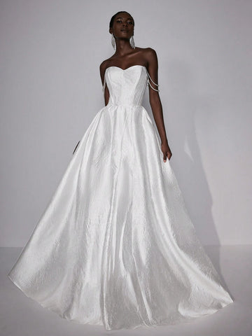 Elegant And Gorgeous White Luxury Jacquard Handmade Pearl Necklace Big Bow High Waist Oversized Skirt Wedding Festival Wedding Dress