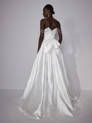 Elegant And Gorgeous White Luxury Jacquard Handmade Pearl Necklace Big Bow High Waist Oversized Skirt Wedding Festival Wedding Dress