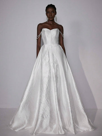 Elegant And Gorgeous White Luxury Jacquard Handmade Pearl Necklace Big Bow High Waist Oversized Skirt Wedding Festival Wedding Dress