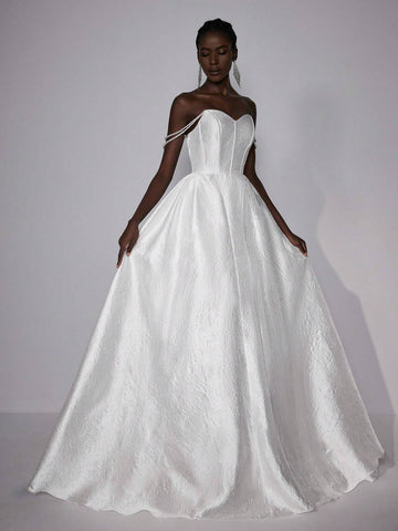 Elegant And Gorgeous White Luxury Jacquard Handmade Pearl Necklace Big Bow High Waist Oversized Skirt Wedding Festival Wedding Dress