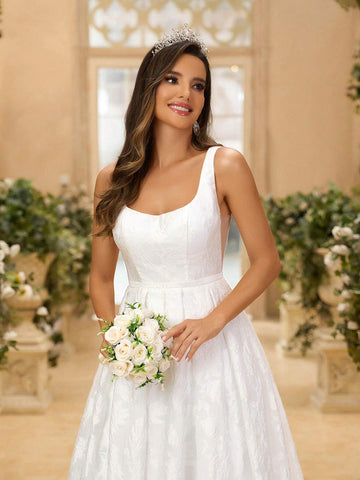 Elegant And Gorgeous White Palace Flower Jacquard Satin High-Waisted Bust Cup Backless Large A-Line Swing Suitable For Weddings, Festivals, Bachelor Parties, Prom Extra Long Tail Wedding Dress