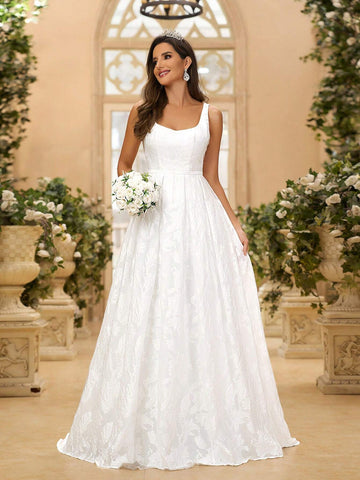 Elegant Luxurious Palace Jacquard Satin High Waist Fitted A-Line Floor Length Wedding Dress Bridal Dress