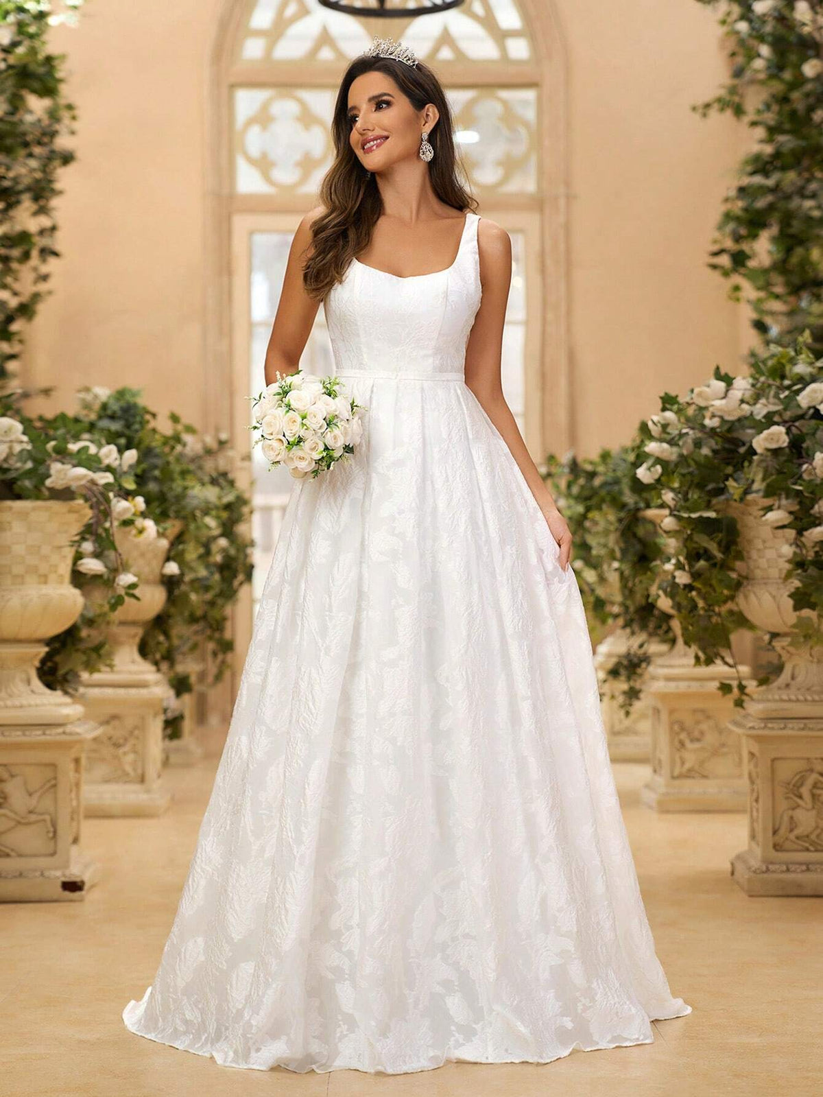 Elegant And Gorgeous White Palace Flower Jacquard Satin High-Waisted Bust Cup Backless Large A-Line Swing Suitable For Weddings, Festivals, Bachelor Parties, Prom Extra Long Tail Wedding Dress