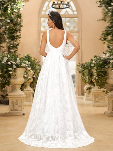 Elegant Luxurious Palace Jacquard Satin High Waist Fitted A-Line Floor Length Wedding Dress Bridal Dress