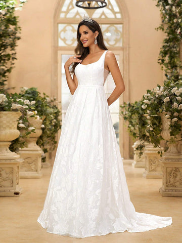 Elegant Luxurious Palace Jacquard Satin High Waist Fitted A-Line Floor Length Wedding Dress Bridal Dress
