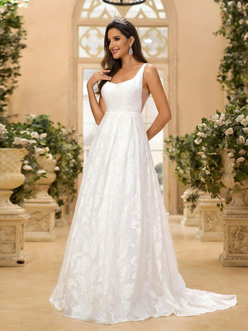 Elegant And Gorgeous White Palace Flower Jacquard Satin High-Waisted Bust Cup Backless Large A-Line Swing Suitable For Weddings, Festivals, Bachelor Parties, Prom Extra Long Tail Wedding Dress