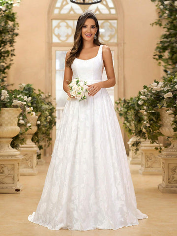 Elegant And Gorgeous White Palace Flower Jacquard Satin High-Waisted Bust Cup Backless Large A-Line Swing Suitable For Weddings, Festivals, Bachelor Parties, Prom Extra Long Tail Wedding Dress