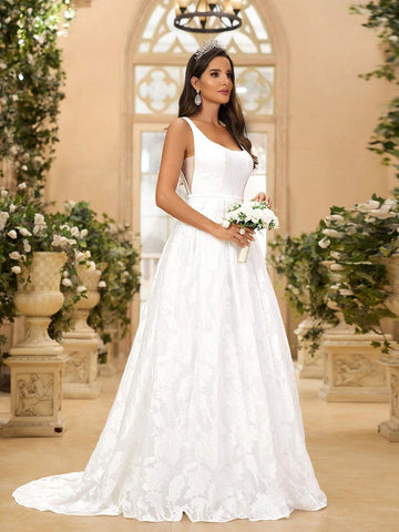 Elegant Luxurious Palace Jacquard Satin High Waist Fitted A-Line Floor Length Wedding Dress Bridal Dress