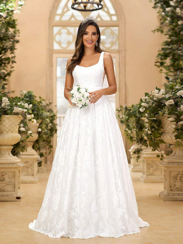 Elegant Luxurious Palace Jacquard Satin High Waist Fitted A-Line Floor Length Wedding Dress Bridal Dress